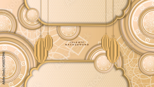 Abstract islamic ramadan background in gold color gradient. Ramadan kareem islamic greeting background with lantern, mosque and crescent moon