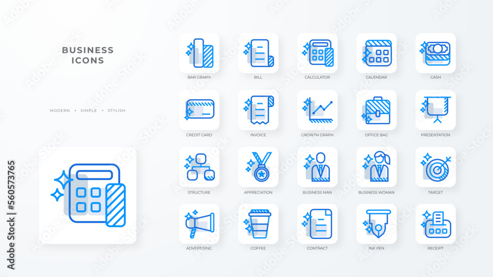 Business icon collection with blue outline style. Icons Office and Business with business, marketing, management, social, loyalty, service, retention, and more sign. Vector illustration