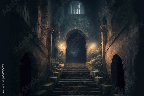 ominous, stone-walled, and stair-accessible medieval castle dungeon. Generative AI