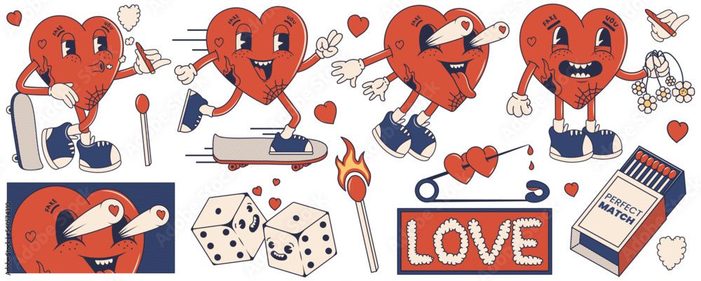 Fototapeta premium Groovy retro sticker pack. Valentine's day in trendy comic style. Love cartoon heart character. Heart with tattoos on a skateboard. Retro 60s 70s cartoon style