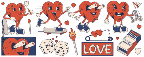 Groovy retro sticker pack. Valentine's day in trendy comic style. Love cartoon heart character. Heart with tattoos on a skateboard. Retro 60s 70s cartoon style #560574310