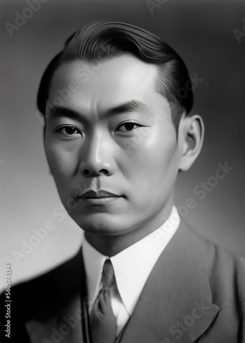 Vintage black and white portrait of a Japanese man looking at the camera. Image generated with generative AI