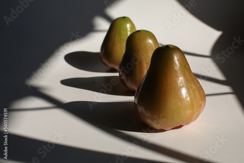 Rose apple or chomphu on white background under morning light from window.. Thailand apple fruit flavors of sweet red gloss. photo