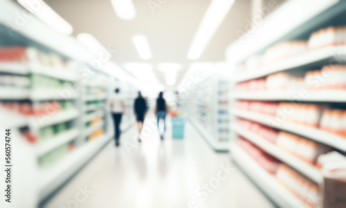 Abstract blur and defocus supermarket and shopping mall of department store interior for background. Modern grocery aisle and shelves blurred background