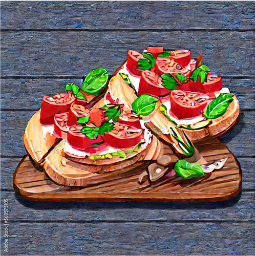 Bruschetta . Frisches Baguette belegt mit Tomaten und Salat