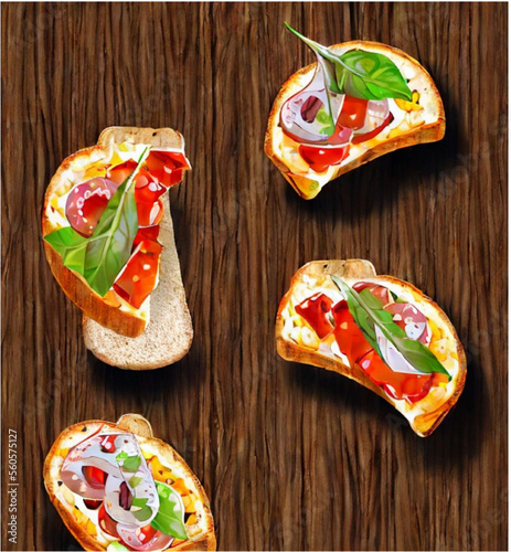 Bruschetta . Frisches Baguette belegt mit Tomaten und Salat