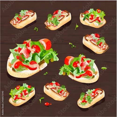 Bruschetta . Frisches Baguette belegt mit Tomaten und Salat