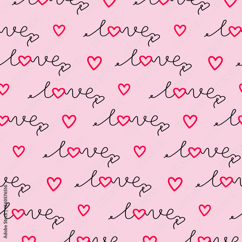 Seamless pattern with the inscription love and pink heart. One-line vector illustration. Hand-drawn pattern on pink background.