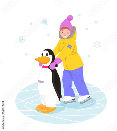 Small child learns to skate on ice with help of aid penguin. Little girl in bright winter overalls holds on to plastic penguin with her hands. Vector illustration in cartoon style.
