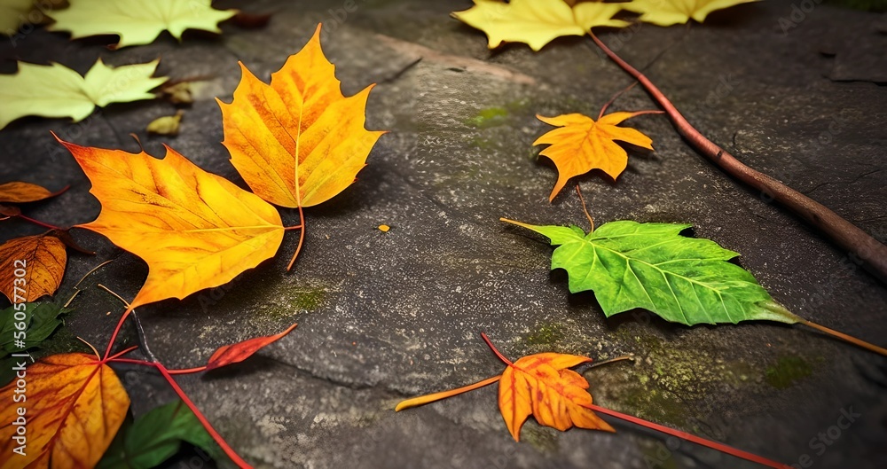 orange and green leaves background, illustration, Generative AI orange and green leaves background, illustration, Generative AI