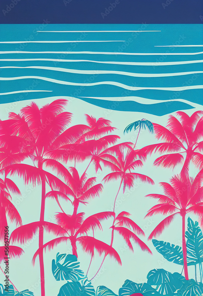 Retro Risoprint poster of pink palm trees against a vibrant blue sky, in 1950s colors and beautiful textures. Generative Ai. 