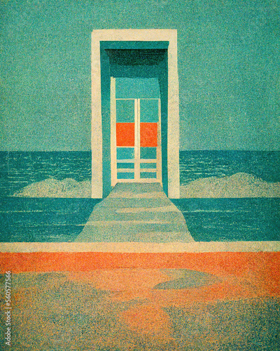 Retro Risoprint poster of a door in the sea, in 1950s colors and with beautiful textures. Generative Ai. photo