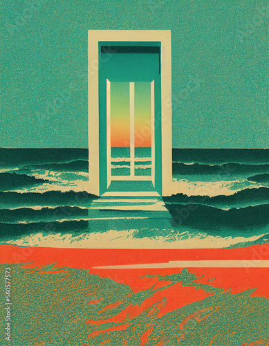 Retro Risoprint poster of a door in the sea, in 1950s colors and with beautiful textures. Generative Ai. photo