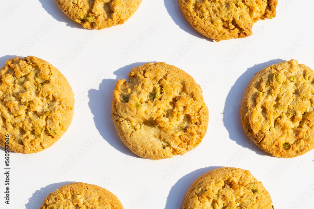 Pistachio and almond cookies on white background. Pistachio and almond cookies on white background.