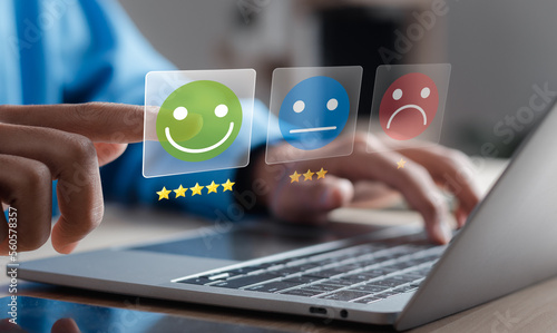 Satisfaction Survey Concept. Reviews Customer Quality Assessment. User give rating to service experience on online.  Customer Rating, Service to reputation ranking of business. 5 Star Rating.
