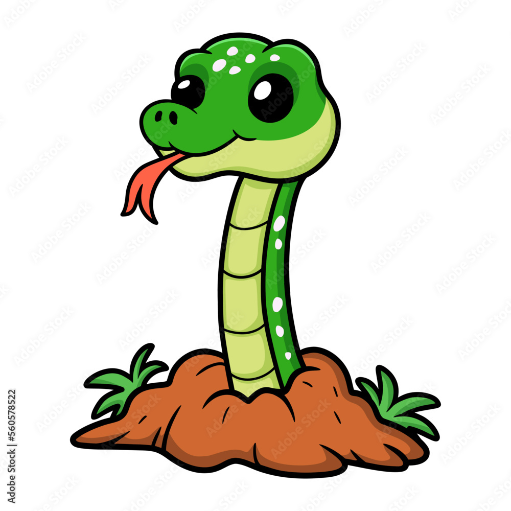 Fototapeta premium Cute green tree python cartoon out from hole