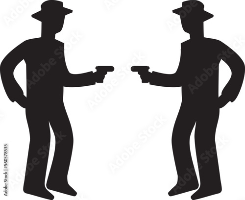 お互いに銃を持ち向き合う二人の男性シルエット
