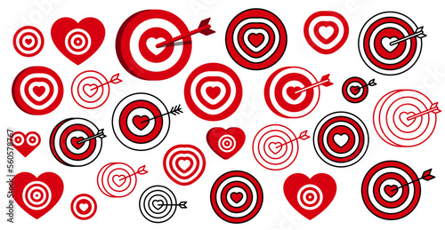 Heart target icon set, love target symbol, vector isolated