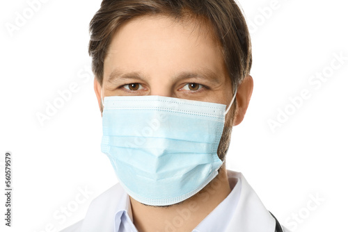 Doctor or medical assistant (male nurse) with protective mask on white background
