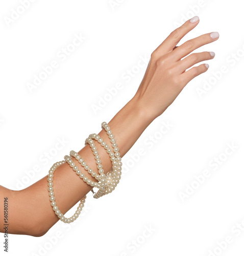 Young woman with elegant pearl necklace on white background, closeup