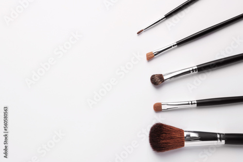 Set of makeup brushes on white background, flat lay. Space for text