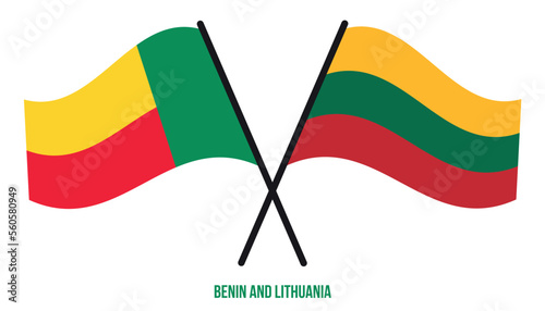 Benin and Lithuania Flags Crossed And Waving Flat Style. Official Proportion. Correct Colors.
