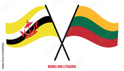 Brunei and Lithuania Flags Crossed And Waving Flat Style. Official Proportion. Correct Colors.