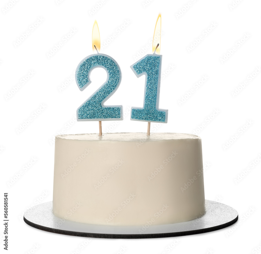 21st birthday. Delicious cake with number shaped candles for coming of age party isolated on white 21st birthday. Delicious cake with number shaped candles for coming of age party isolated on white