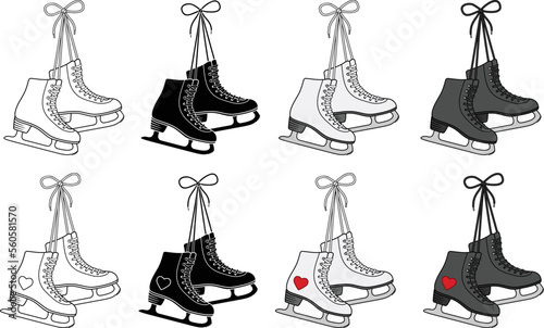 Tied Hanging Figure Skates Clipart Set - Outline, Silhouette & Color