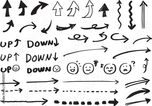 手描きの様々な矢印や文字のセット