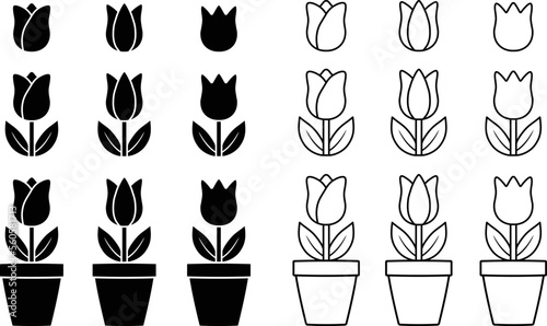 Cartoon Tulip Clipart - Outline and Silhouette