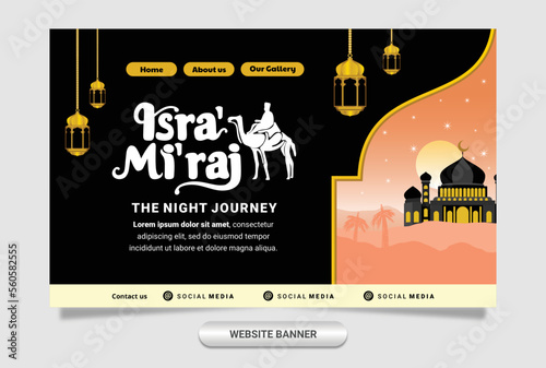 illustration design for islamic isra miraj night journey landing page. premium vector