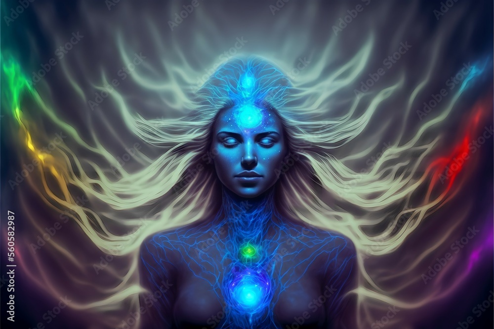 Astral spiritual enlightened female with glowing long hair, meditating in a healing energy aura of chakra colors as a blue iridescent realistic woman from a fantasy world.