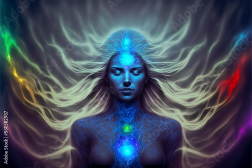 Astral spiritual enlightened female with glowing long hair, meditating in a healing energy aura of chakra colors as a blue iridescent realistic woman from a fantasy world Fototapeta