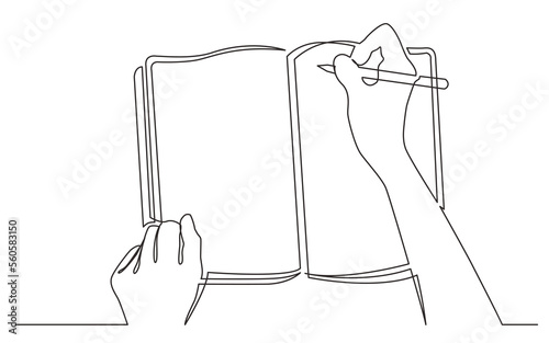 continuous line drawing hands writing in workbook - PNG image with transparent background photo