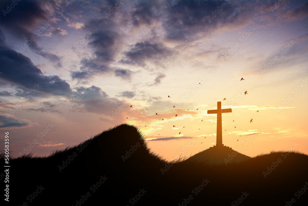 Calvary hill with silhouettes of the cross.