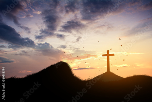 Calvary hill with silhouettes of the cross.