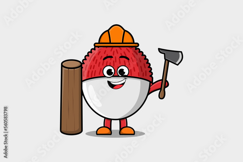 Cute cartoon Lychee as carpenter character with ax and wood in flat modern style