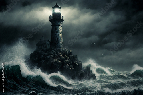 The tower in the middle of the sea was shining, the sea waves crashing With Generative AI © Natthithin