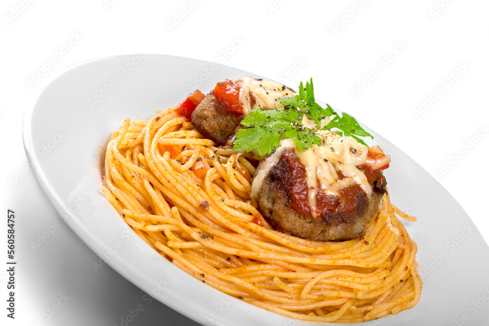seving of spaghetti with meatballs