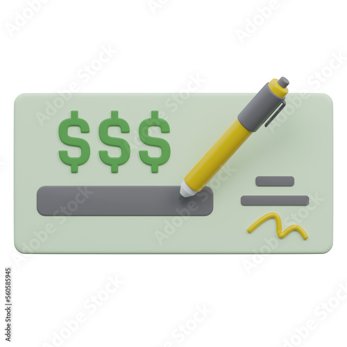 bank check 3d render icon with transparent background