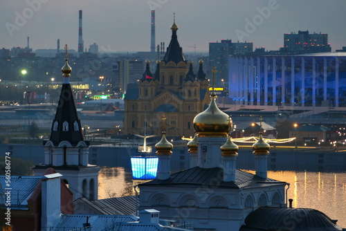 Nizhny Novgorod, Russia, Meshcherskaya embankment, 01.05.2022. Panoramic view of Alexander Nevsky Cathedral at night. photo