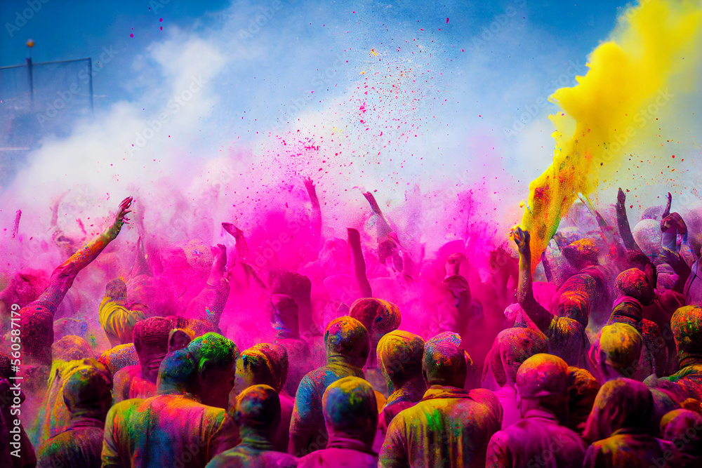 happy hindu indian people celebrate holi festival by throwing colorful powder at each other, generative AI happy hindu indian people celebrate holi festival by throwing colorful powder at each other, generative AI
