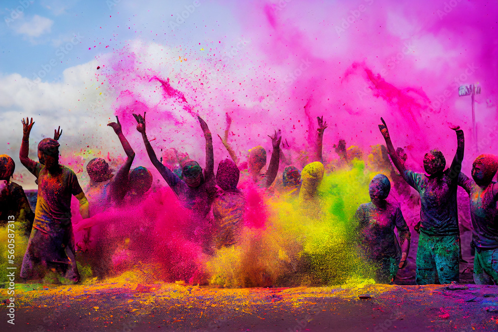 happy hindu indian people celebrate holi festival by throwing colorful powder at each other, generative AI - obrazy, fototapety, plakaty 