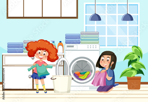 Girls doing laundry at home