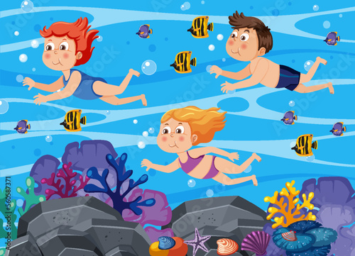 Kids swimming snorkeling underwater © brgfx