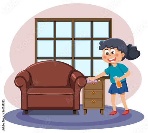 A girl cleaning in the living room