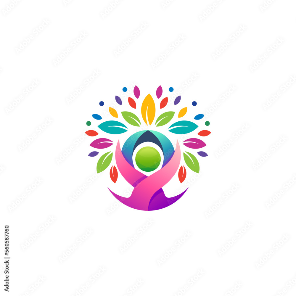 Naklejka premium Tree logo and people care design combination, colorful style