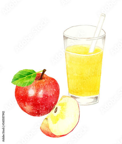 コップに入ったりんごジュースとりんごの果実 飲み物とフルーツの手描き水彩イラスト素材