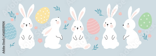 White Easter bunny rabbits in different poses and pastel Easter eggs vector illustration.